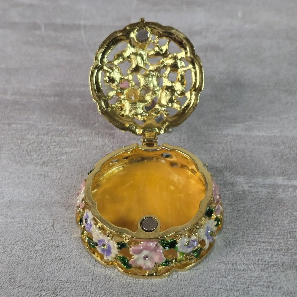 Enameled Trinket Box Hummingbird Floral Rhinestone Gold Tone Jewelry Keepsake